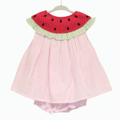 SEERSUCKER SMOCKED WATERMELON SKIRTED BUBBLE