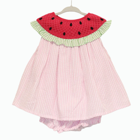 SEERSUCKER SMOCKED WATERMELON SKIRTED BUBBLE