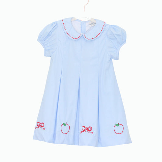 EMBROIDERED APPLE & BOW PLEATED DRESS