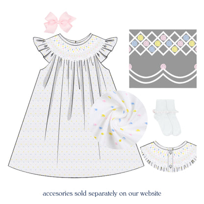 PASTEL SWISS DOT SMOCKED BISHOP DRESS