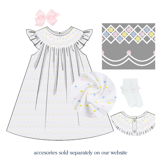 PASTEL SWISS DOT SMOCKED BISHOP DRESS