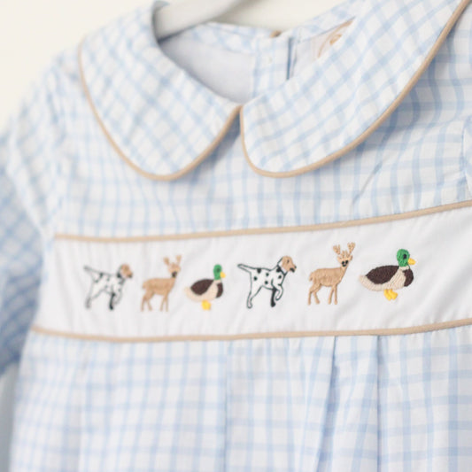 BOYS WINDOWPANE HUNTING RIBBON ROMPER