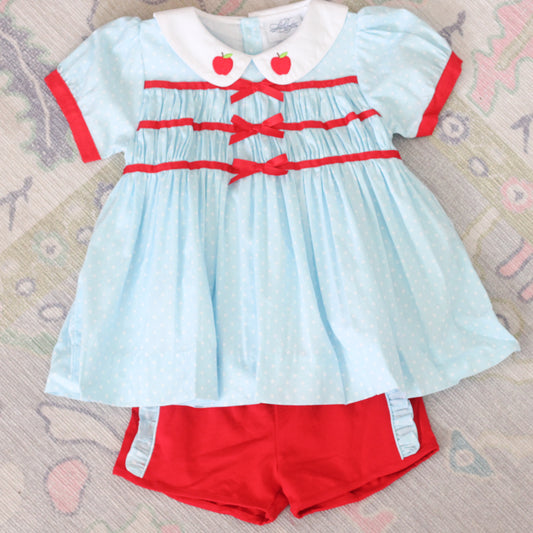 BLUE DOT APPLE BOWS SHORT SET