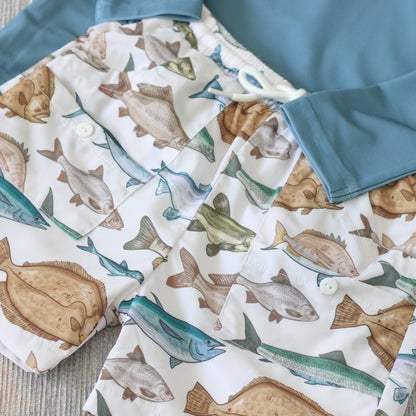 TEAL FISH RASH GUARD & TRUNKS