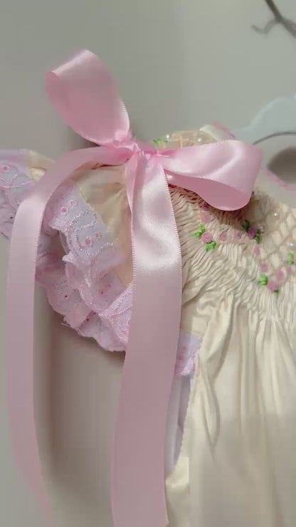 Cream Satin Rosette & Pearls Smocked Bishop Bubble
