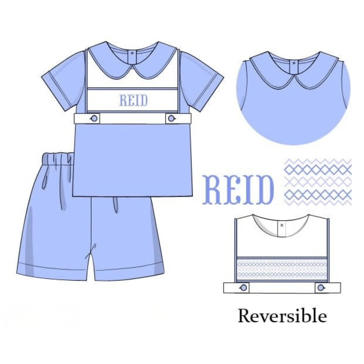 Blue Reversible Bib Name Smocked Short Set
