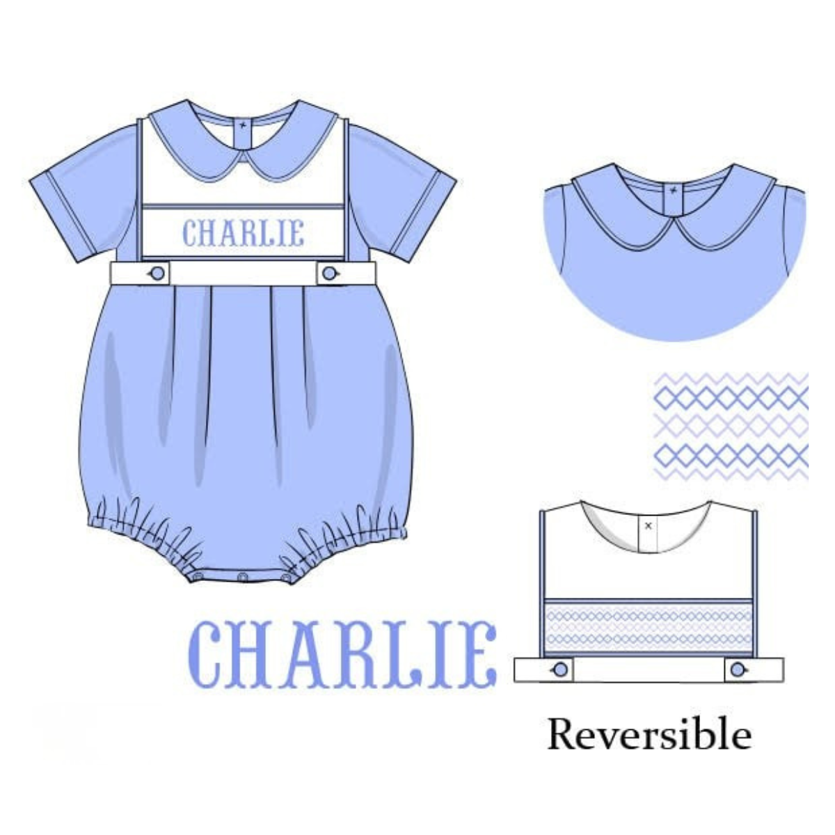 Blue Reversible Bib Name Smocked Bubble