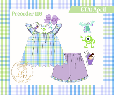 PO116 GIRLS SMOCKED MONSTERS SHORT SET