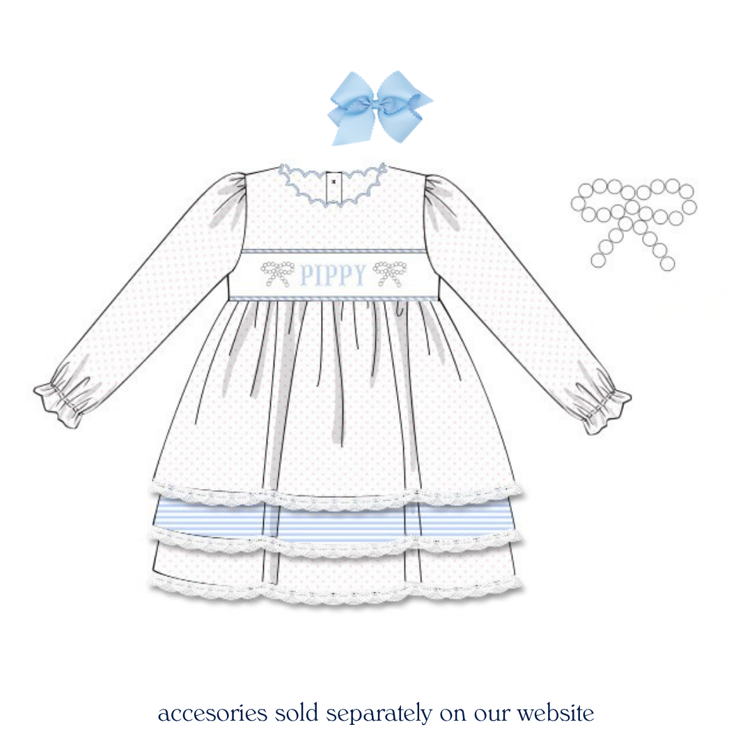 Pearl Bows & Lace Name Smocked Dress