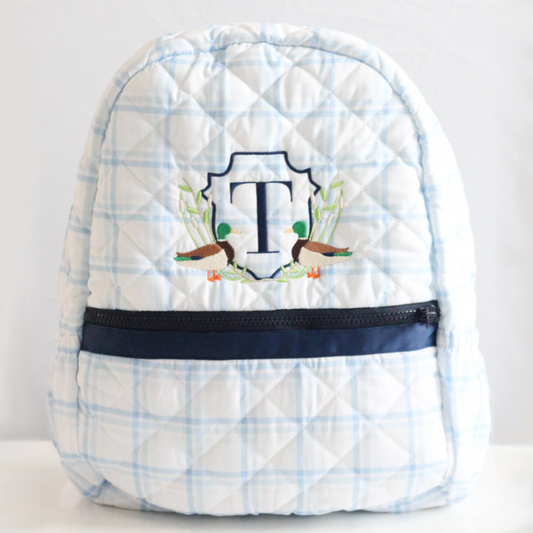 BLUE PLAID & NAVY QUILTED BACKPACK