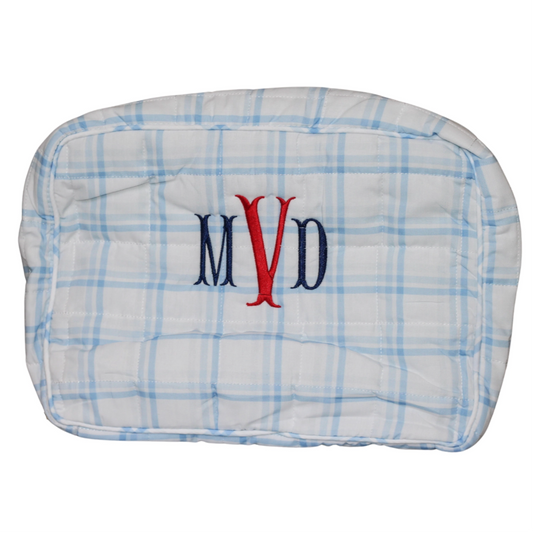 BLUE PLAID & NAVY LARGE ZIPPERED POUCH